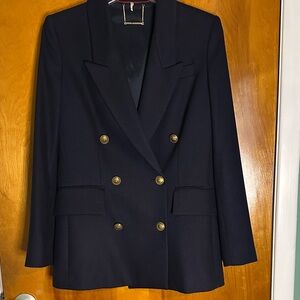 Frame Navy Double-Breasted Wool Blazer with Brass Buttons